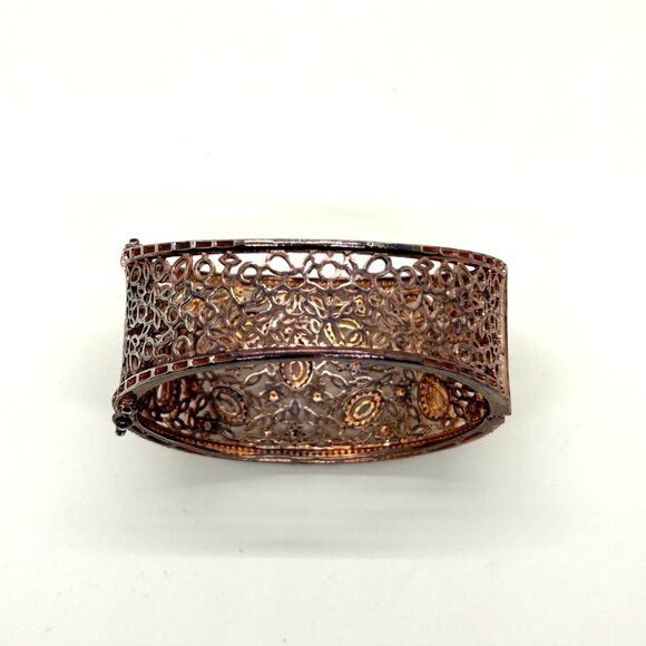 Vintage Filigree Hinge Bracelet Rose Gold-tone Rhinestones Safety Clasp - Picture 8 of 16